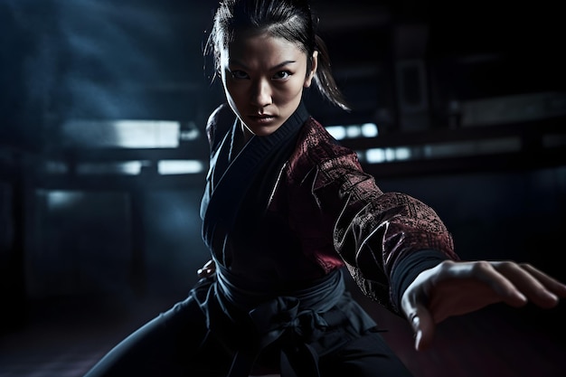 Photo portrait of a beautiful asian kendo fighter in martial arts school dramatic intense lighting