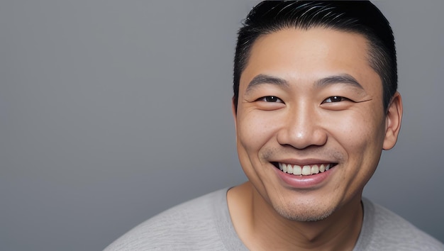 Foto ritratto bellissimo uomo modello asiatico con denti bianchi sorriso capelli lunghi sani e pelle di bellezza su grigio
