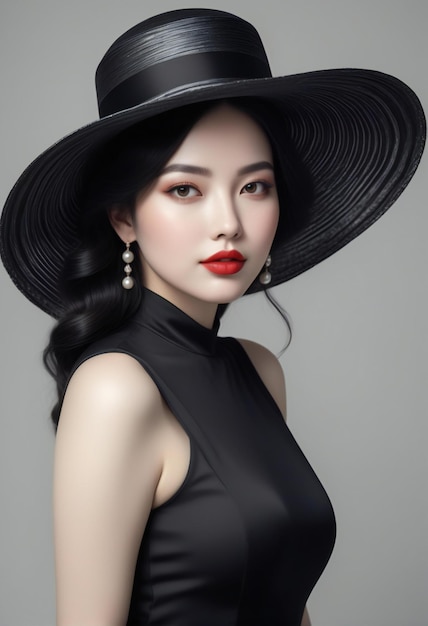 Portrait of a beautiful asian woman in black dress and hat