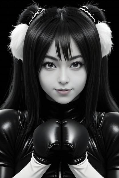 Portrait of a beautiful asian woman in black leather suit