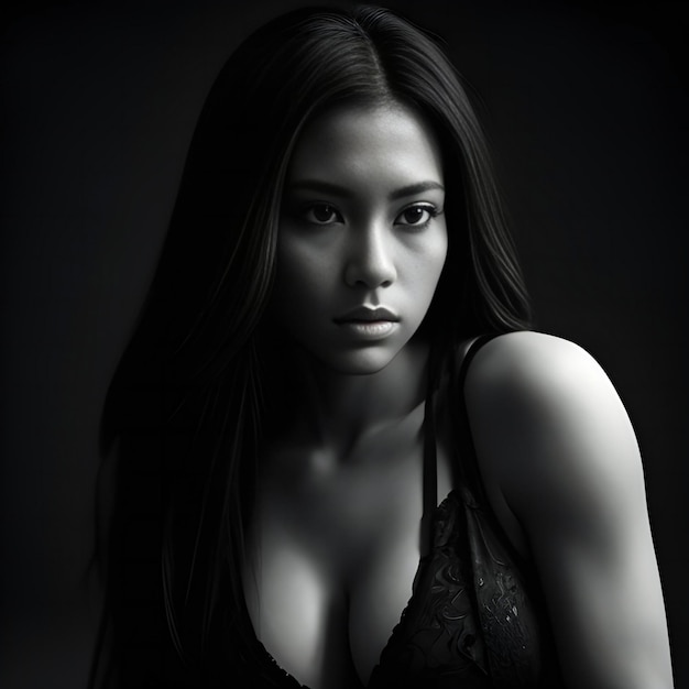 Portrait of a beautiful asian woman in black lingerie on black background