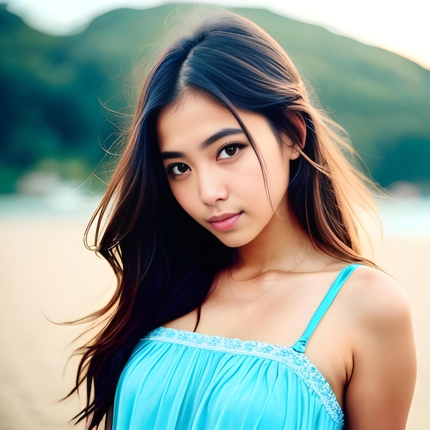 Portrait of a beautiful asian woman in blue dress on the beach