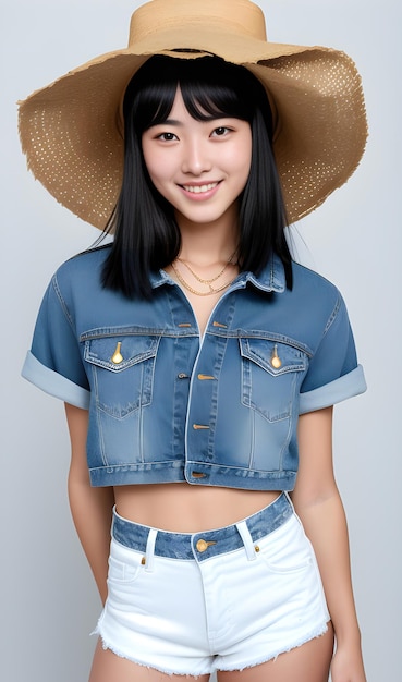 Portrait of beautiful asian woman in blue shirt and straw hat