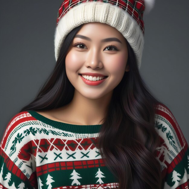 Photo portrait of beautiful asian woman in christmas sweater and hat