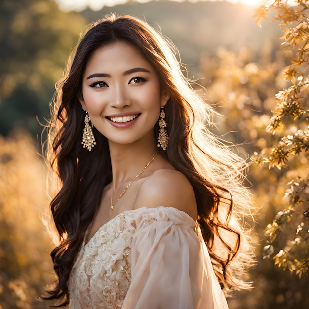 Foto ritratto di una bella donna asiatica nel campo al tramonto