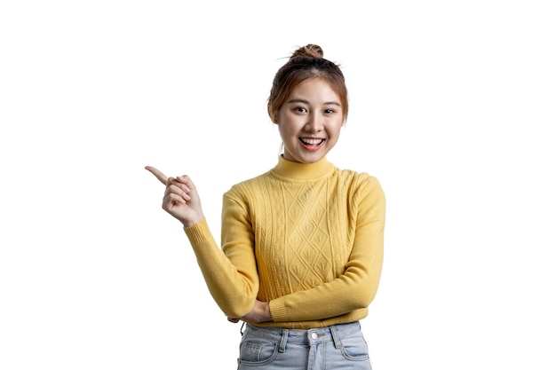 Portrait of a beautiful Asian woman gesturing on isolated background portrait concept used for advertisement and signage isolated over white background copy space