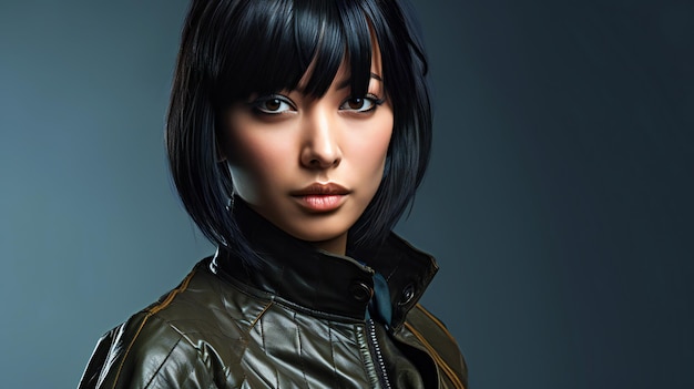 Portrait of a beautiful asian woman in leather jacket on grey background