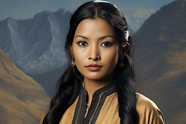 Portrait of a beautiful asian woman in a mountain landscape