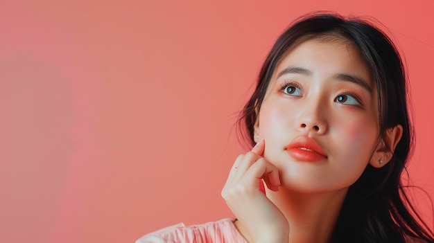 Portrait of a beautiful Asian woman on a pink background