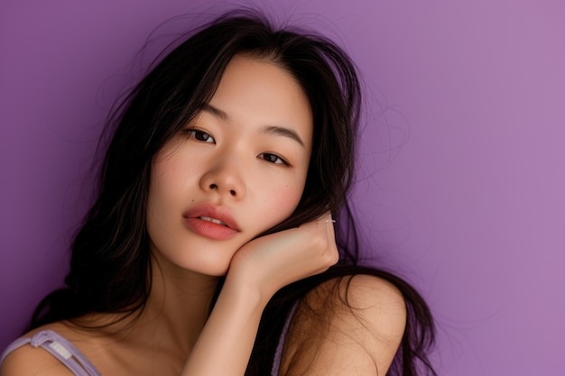 Photo portrait of a beautiful asian woman posing on a purple background