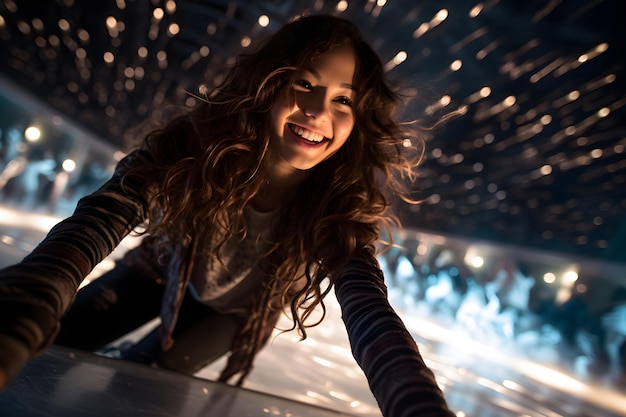 portrait of a beautiful Asian woman skating at night