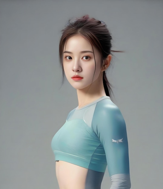 Portrait of a beautiful asian woman in sportswear on gray background