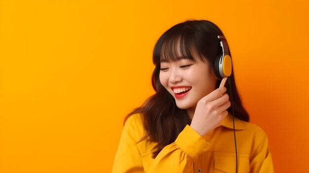 Portrait of a beautiful asian woman using mobile phone on yellow background with copyspace