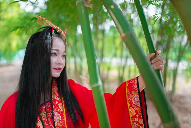 Portrait of beautiful asian woman wear ancient chinese dress style at the bamboo forestThailand peopleChinese movie scene