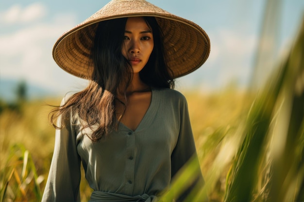 米畑で草の帽子をかぶった美しいアジア人の女性の肖像画