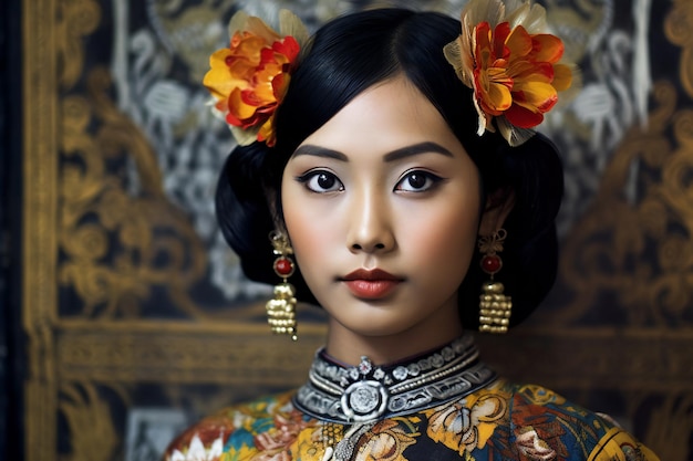 Portrait of a beautiful asian woman wearing traditional Thai costume