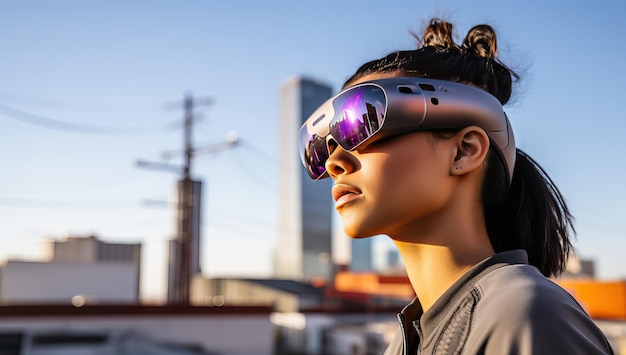 Portrait of a beautiful asian woman wearing virtual reality glasses outdoors