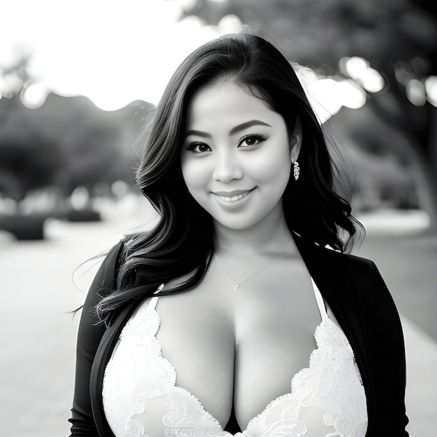 Portrait of a beautiful asian woman wearing white lingerie in the park