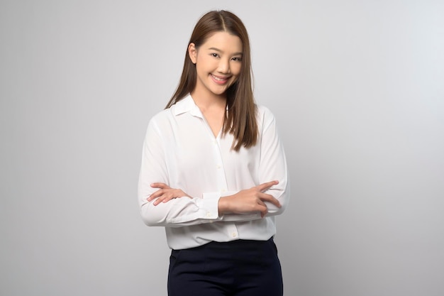 Portrait of beautiful asian woman over white background studio