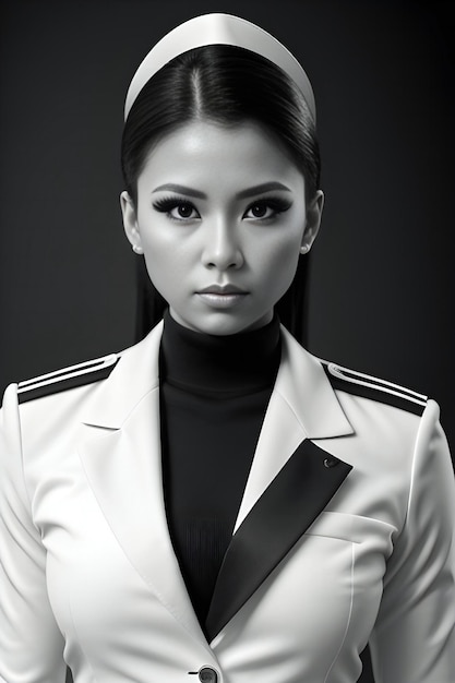 白いジャケットと黒い帽子をかぶった美しいアジアの女性の肖像画