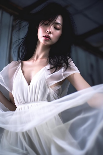 Portrait of beautiful asian woman in white long dress studio shot