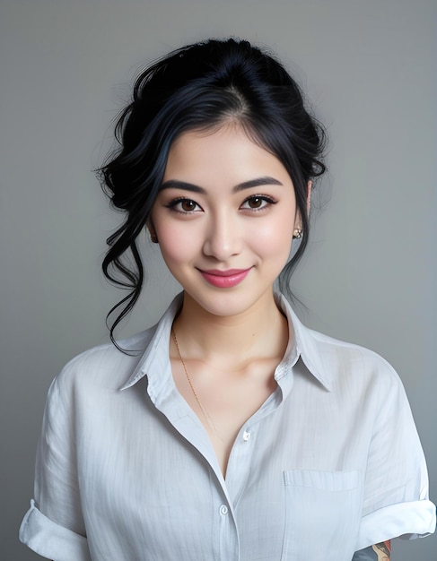 회색 배경에 흰색 셔츠를 입은 아름다운 아시아 여성의 초상화
