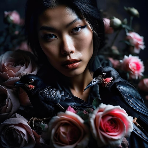 Portrait of a beautiful asian woman with black ravens and roses