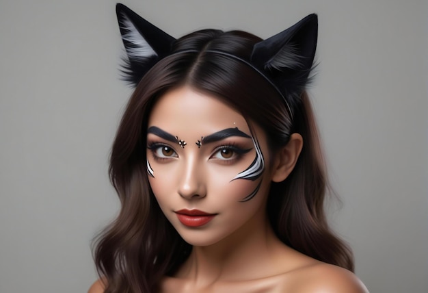 Portrait of beautiful asian woman with cat make up and false eyelashes
