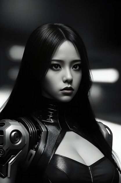 Portrait of a beautiful asian woman with futuristic makeup and cyber armor