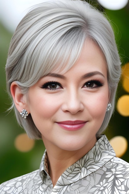 Photo portrait of a beautiful asian woman with gray hair and grey eyes