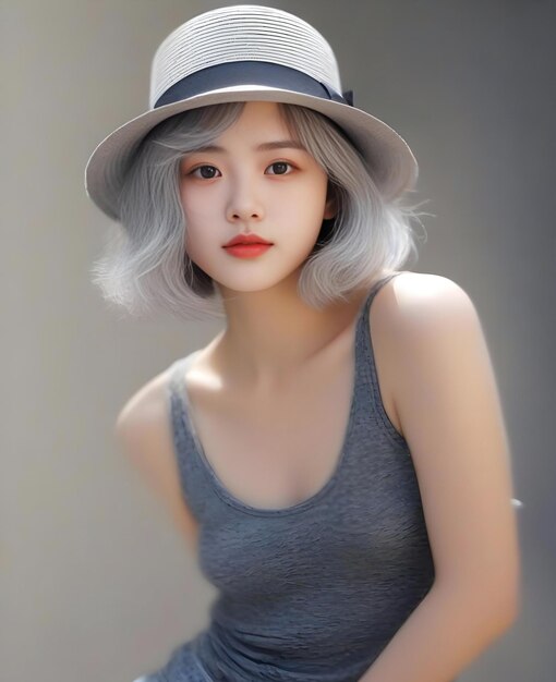 Photo portrait of a beautiful asian woman with gray hair and hat