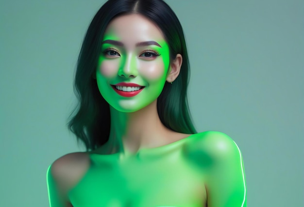 Portrait of beautiful asian woman with green makeup and perfect skin