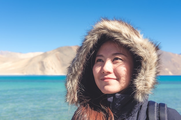 portrait beautiful asian woman with the lake