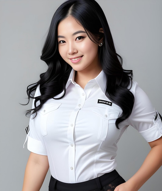 Portrait of a beautiful asian woman with long black hair in white shirt