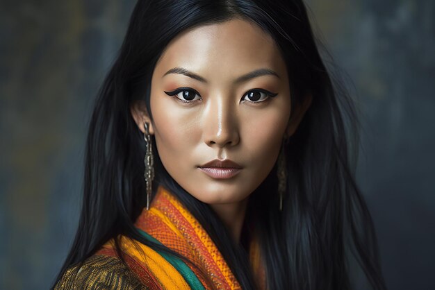 Portrait of beautiful asian woman with long hair and orange scarf