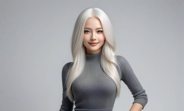 Portrait of beautiful asian woman with long white hair on gray background