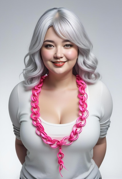 Portrait of a beautiful asian woman with pink hair on grey background