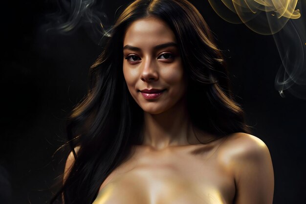 Foto ritratto di una bella donna asiatica con fumo su sfondo nero