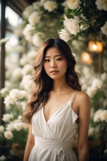 Portrait of beautiful asian woman with white flowers in the garden