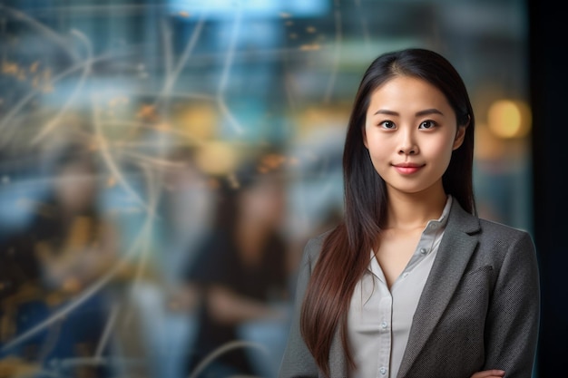 Photo portrait of beautiful asian young business woman in front of a glass whiteboard