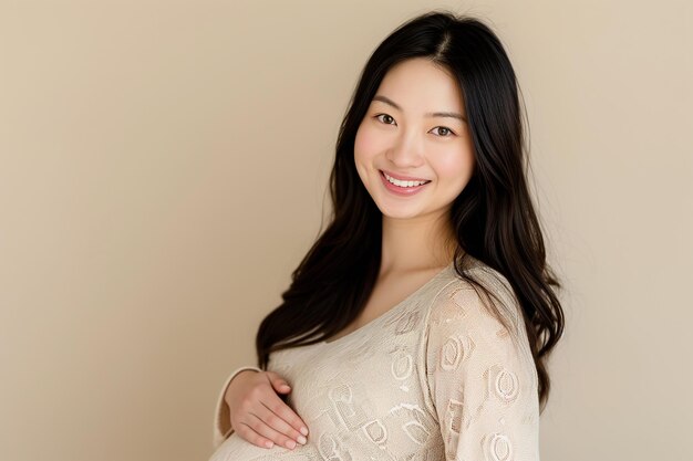 Photo portrait of beautiful asian young pregnant woman touching belly standing on colour background