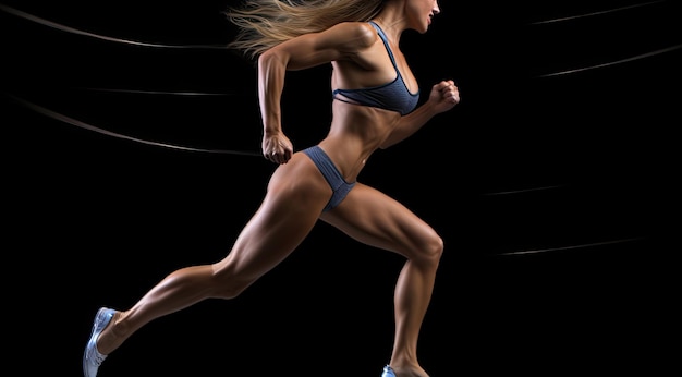 Portrait of a beautiful athletic woman running isolated on a black background Fitness girl exercising with dumbbells on a Black background top section cropped no face revealed AI Generated