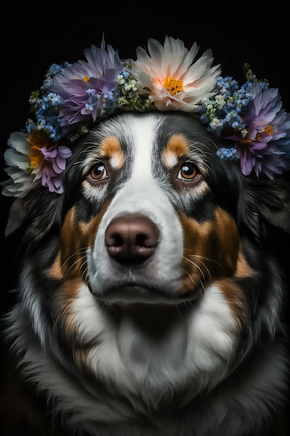 彼の頭の上に花の花輪を持つ美しいオーストラリアン シェパードの犬の肖像画