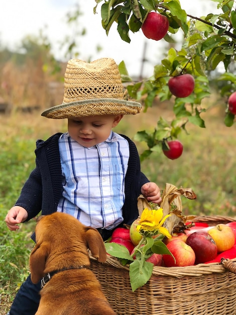 Портрет красивого мальчика, едящего яблоко на лужайке