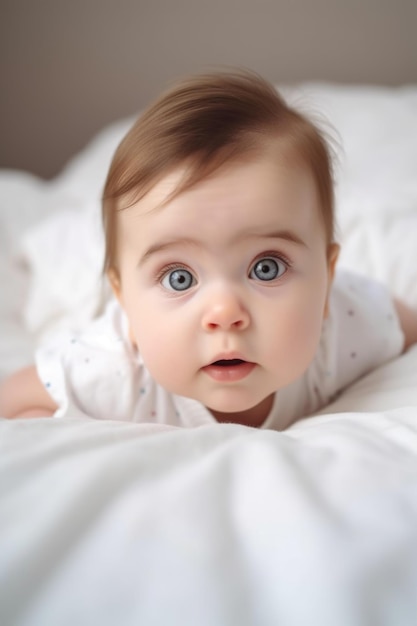 ベッドに横たわっている美しい赤ちゃんの肖像画が生成AIで作られました