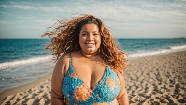 Photo portrait of a beautiful big girl in a swimsuit against the background of the sea