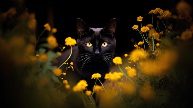 portrait of beautiful black cat and flowers on dark background