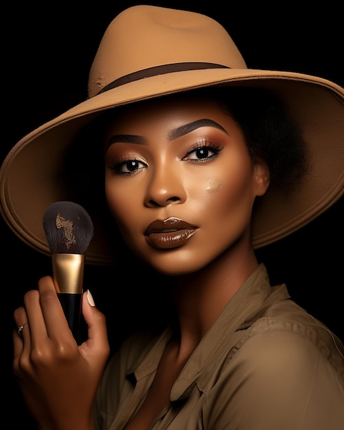 Portrait of beautiful black woman applying foundation