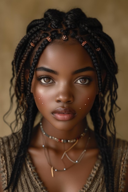 매인 머리카락과 갈색 눈을 가진 아름다운 흑인 여성의 초상화