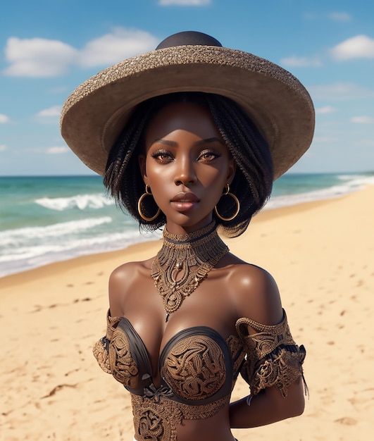 해변에서 갈색 눈을 가진 아름다운 흑인 여성의 초상화